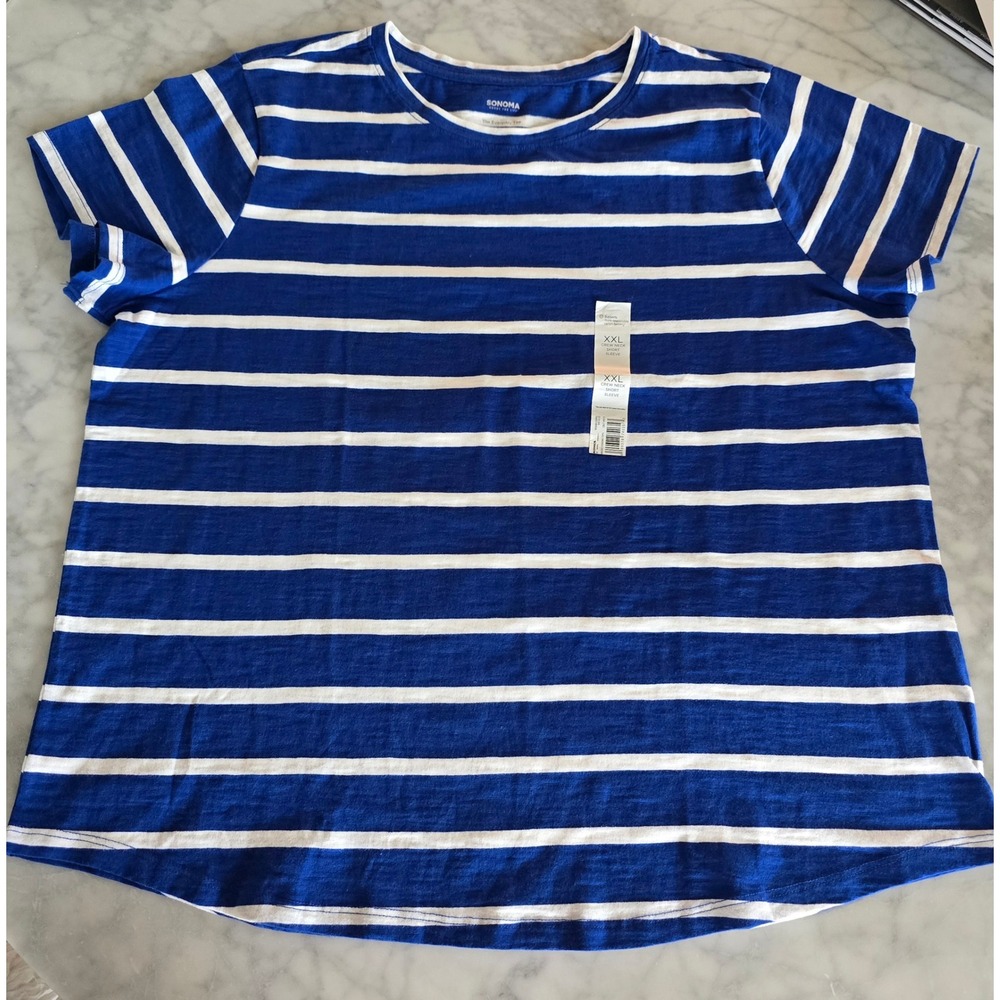 Sonoma Goods For Life The Everyday Tee XXL Blue White Striped Crew Neck ShirtNew